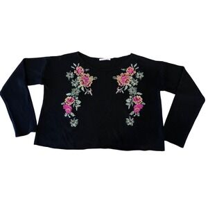 Anthropologie Mustard Seed Floral Embroidered Black Sweater Knit Pullover Medium